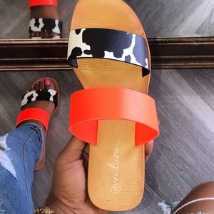 Neon on The Ranch- Cow Print Sandals